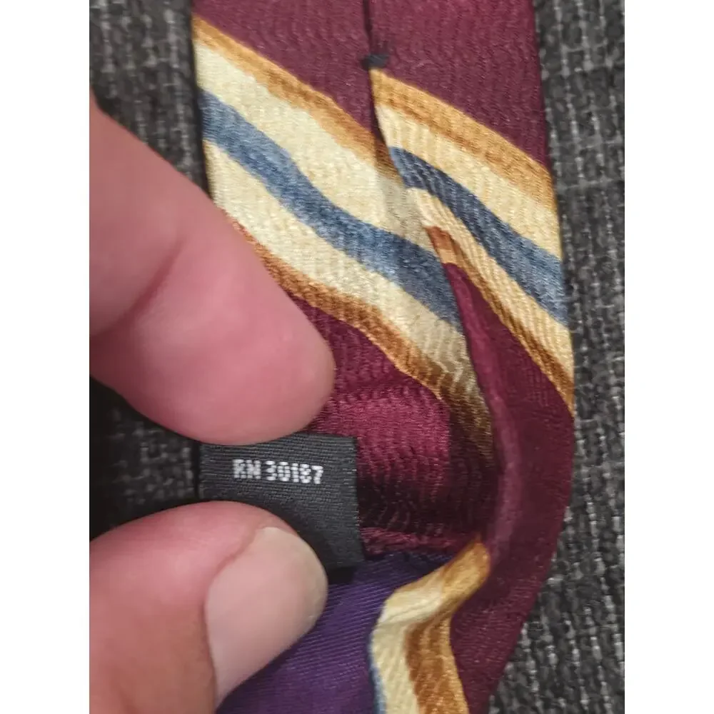 Vintage Perry Ellis Portfolio Silk Tie Burgundy Gold Wavy Regimental Stripe Y2K